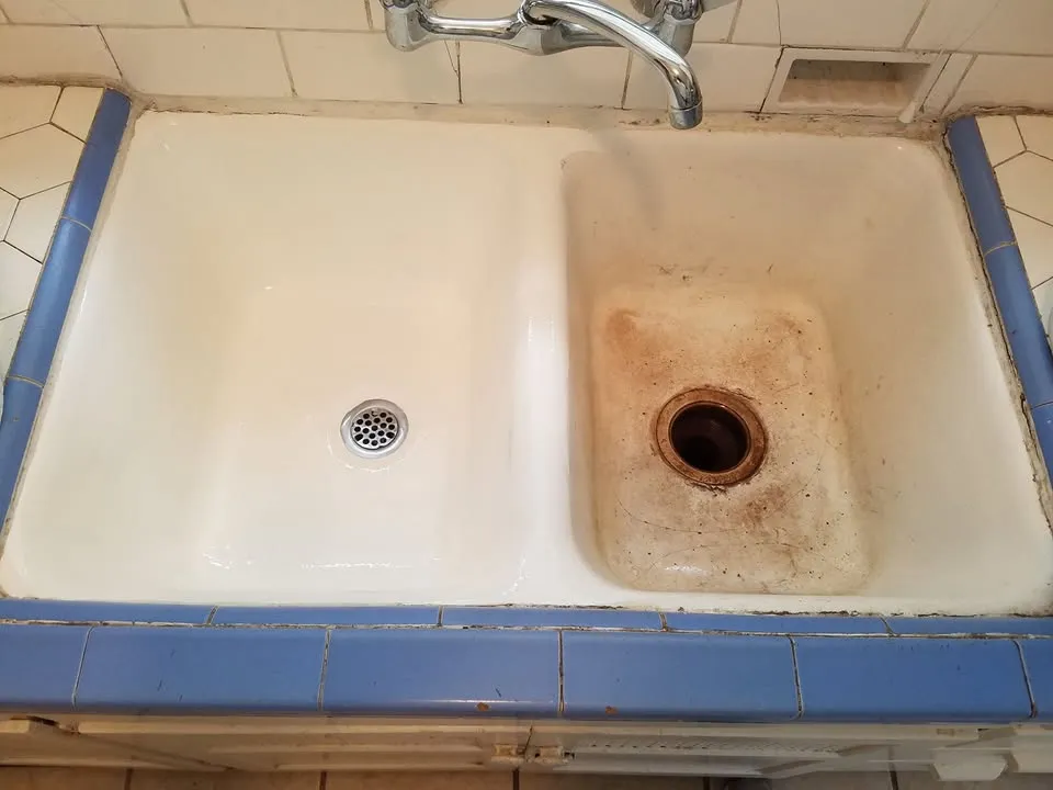 Before and after of cabinet refinishing showing peeling paint repaired with professional 2K finish